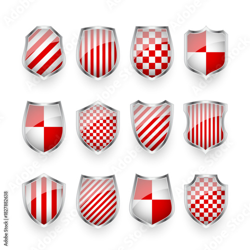 Glossy shields with red and black white. Security and protection concept. Cyber safety icons, internet privacy, web defense, digital data protection and antivirus themes. Vector illustration