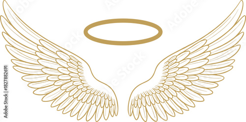 Stylized gold line art of angel wings and halo, ideal for spiritual, divine, and memorial designs