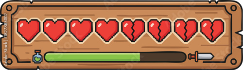 Fantasy RPG Wooden Health and Mana Bar Interface with Hearts and Potion