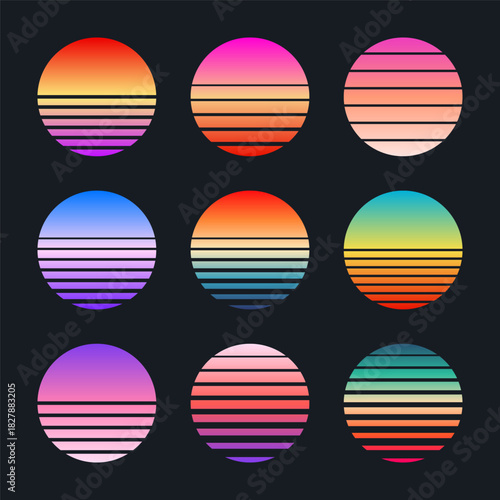 Vintage colorful sunset. Striped gradient sunrise badges in 80s and 90s style. Sun and ocean view, summer vibes, surfing. Design element for print, logo or t-shirt. Vector illustration