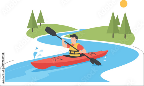 Man Kayaking Down Winding River in Nature with Trees and Sun