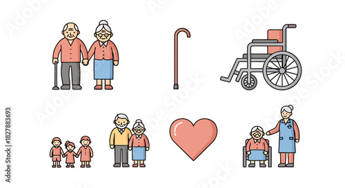 Set of color line icons representing senior citizen health, wellness, and retirement community life