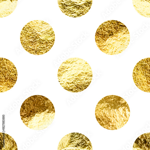Gold foil seamless texture, shiny handmade circles. Golden glittering pattern. Shining hand drawn background. Wedding, greeting card decoration elements. Modern minimalist art. Vector illustration