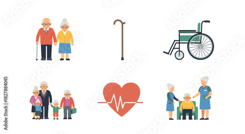 Set of color line icons representing senior citizen health, wellness, and retirement community life