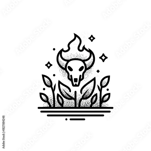 Mystical Bull Skull with Flames and Sprouting Leaves - Black and White Linework Illustration