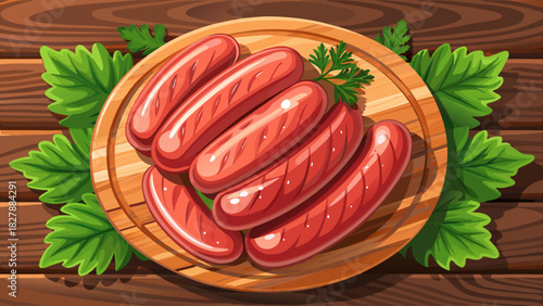 Very beautiful semi-realistic vector illustration of raw sausages arranged neatly on a rustic wooden board, showing natural texture, fresh color, and clean presentation suitable for culinary or food-