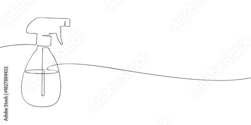 A simple continuous line drawing of a spray bottle with a trigger top and partially filled container, presented in a clean minimal style.
