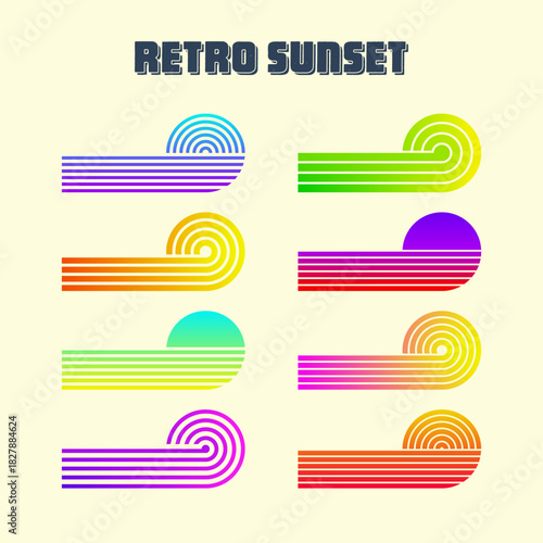 Vintage colorful sunset. Various gradient striped sunrise badges in 80s and 90s style. Sun and ocean view, summer vibes, surfing. Design element for print, logo or t-shirt. Vector illustration