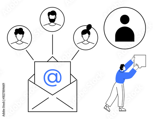 Email communication. Email symbol central to networking among user profiles for digital messaging. Email facilitating connections and information exchange. For collaboration, marketing, teamwork