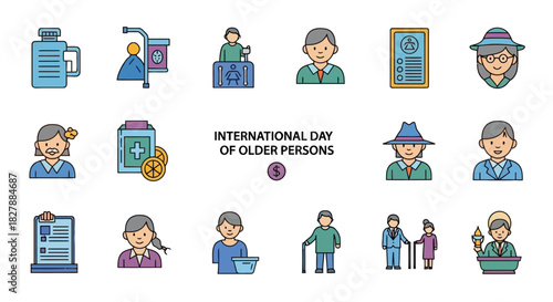 Set of color line icons representing senior citizen health, wellness, and retirement community life