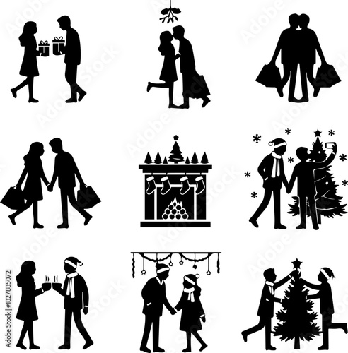 Silhouette pack of 6 to 8 couples doing Christmas activities.eps
