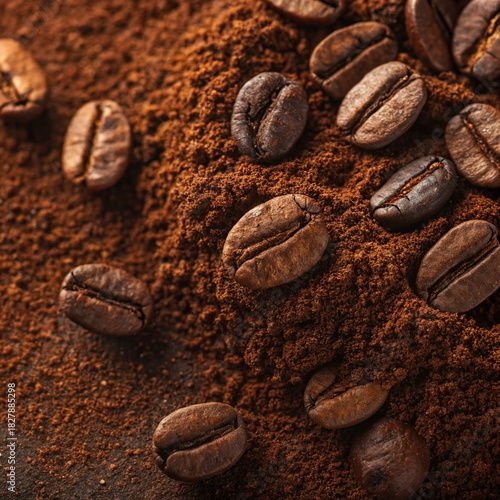 Close up macro shot of roasted coffee beans scattered across rich dark coffee grounds