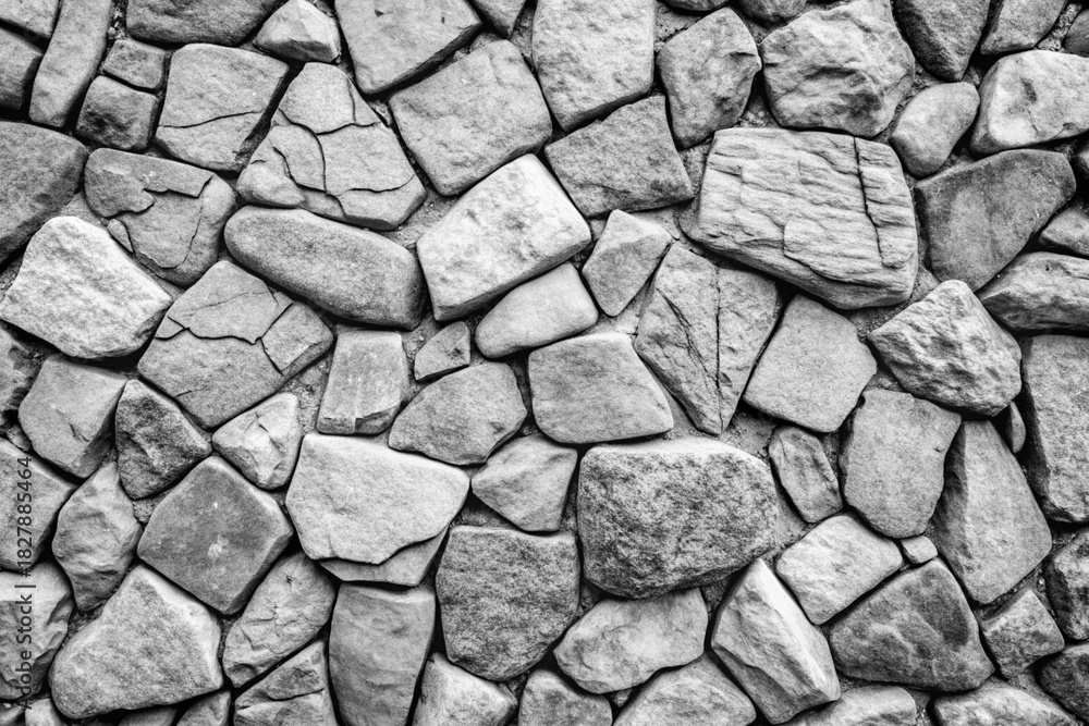 Fototapeta premium Close up textured grayscale image of a natural stone wall with irregular shapes and rough surfaces