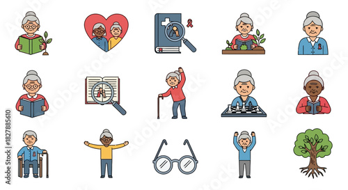 Set of color line icons representing senior citizen health, wellness, and retirement community life