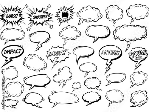 Dynamic Collection of Hand-Drawn Comic Book Speech Bubbles, Thought Balloons, and Sound Effect Bursts for Graphic Design