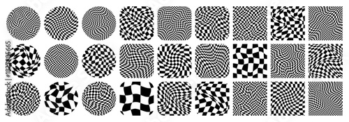 Groovy checkered pattern, colorful tiled grid. Vintage wavy curved backdrop, distortion effect. Funky geometric chessboard texture, retro background in 90s style, y2k. Vector illustration