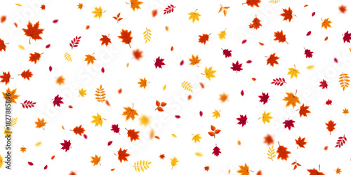 Autumn flying and falling leaves background with colorful seasonal foliage in red, orange, and yellow. Perfect for nature themes, seasonal sales, posters. Vector illustration