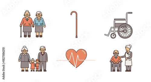 Set of color line icons representing senior citizen health, wellness, and retirement community life