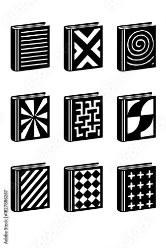 Nine abstract patterned book icons