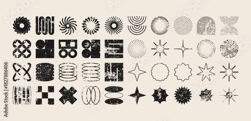 Brutalist geometric shapes, modern grunge symbols. Simple primitive elements and forms, distressed details. Retro design, aged, vintage, trendy contemporary minimalist style, y2k. Vector illustration