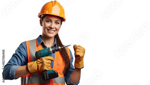 Confident woman worker with safety gear isolated on transparent background