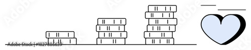 Stacks of coins growing in height alongside a blue heart, reflecting financial growth and emotional balance. Ideal for savings, investment, economic health, finance, charity, relationships