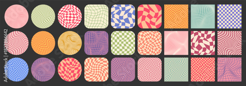 Groovy checkered pattern, colorful tiled grid. Vintage wavy curved backdrop, distortion effect. Funky geometric chessboard texture, retro background in 90s style, y2k. Vector illustration