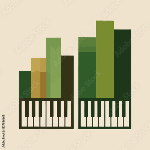 Abstract piano keys with rising bar chart elements illustrating musical growth, education, composition, or sound visualization.