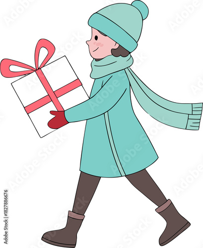 A young woman in winter clothes walks with a wrapped gift, excited for a party. Watercolor illustration captures her joy against a snowy, festive backdrop.