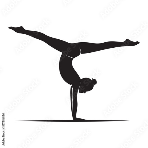 Silhouette of a woman performing handstand split yoga pose with balance