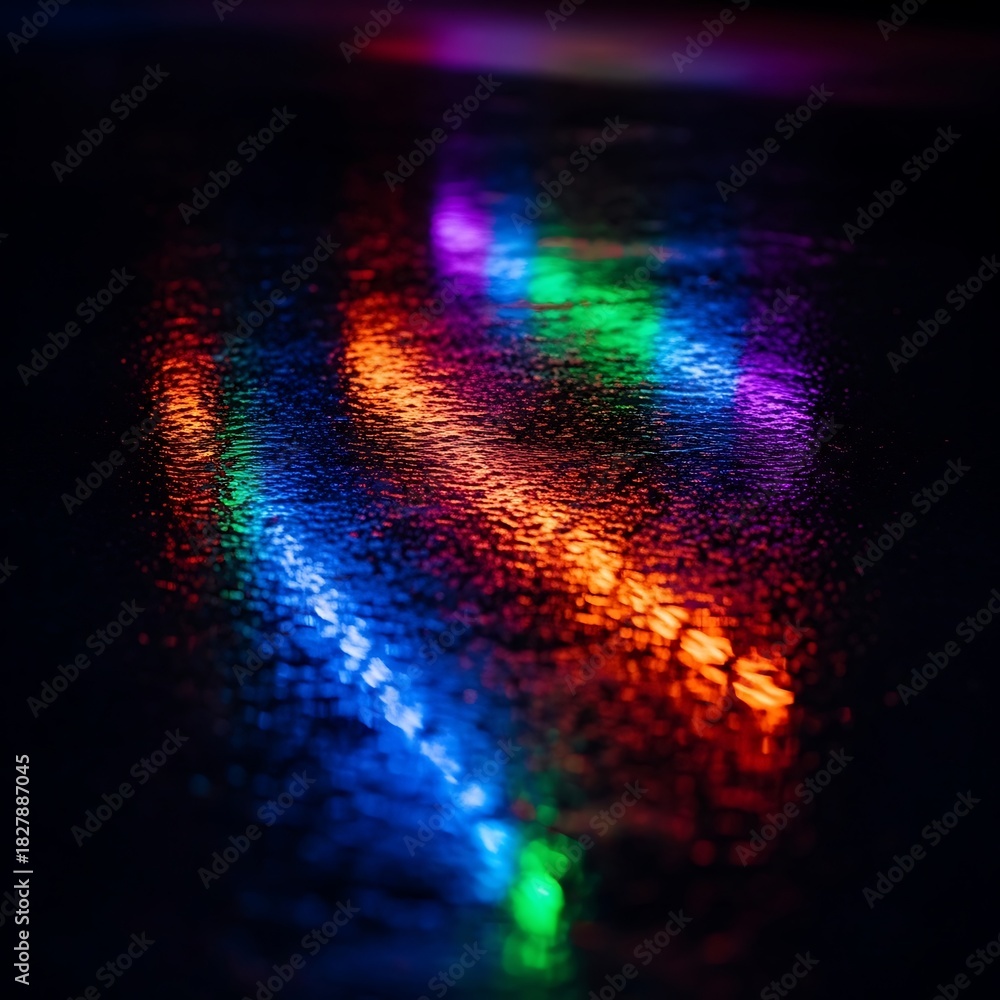 Naklejka premium Stunning vibrant reflections create artistic abstract patterns on wet pavement at night, perfect for edgy designs and urban lifestyle visuals