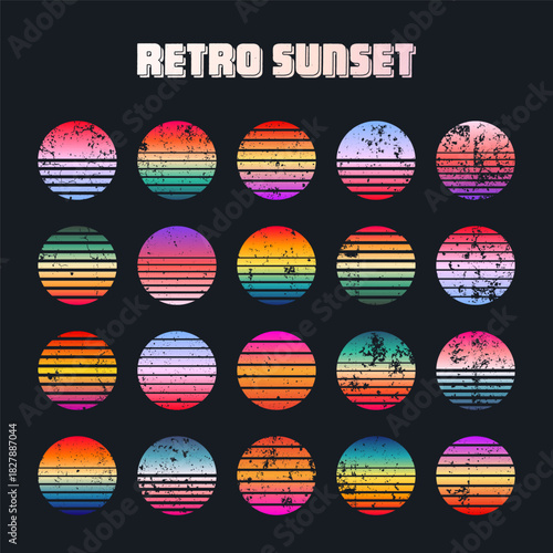 Grunge vintage colorful sunset. Striped gradient sunrise badges in 80s and 90s style. Sun and ocean view, summer vibes, surfing. Design element for print, logo or t-shirt. Vector illustration