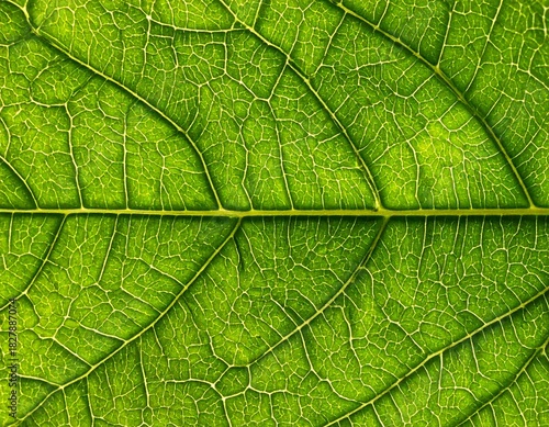 Bright green leaf veins detail, illuminated by light. Prominent midrib and intricate network structure