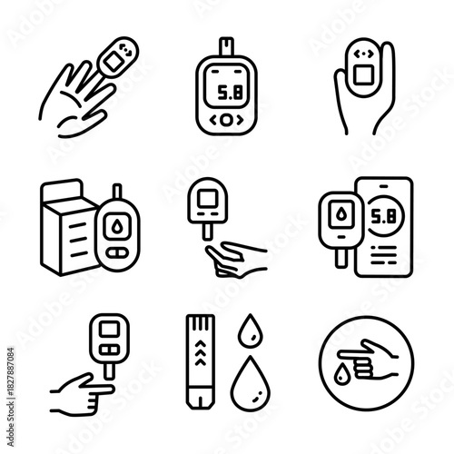 Glucometer Device outline icons set. Performing blood glucose tests using glucometers. Glucose Test, Diabetic Consultation, Health Support.