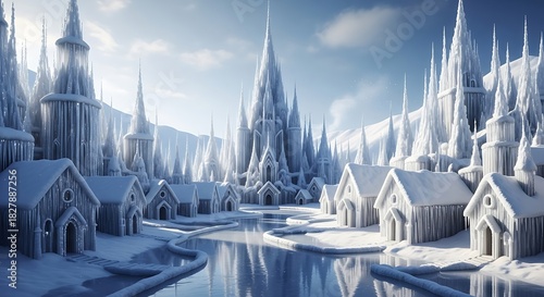 Spectacular ice castle and village scene, glistening in the sun, perfect for fantasy, winter holidays, and magical backgrounds with snowy mountains
