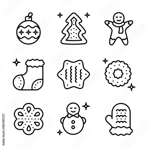 Christmas cookies outline icons set. Different gingerbread cookies symbols. Christmas signs depicting various festive elements, bringing holiday cheer and wintertime spirit.