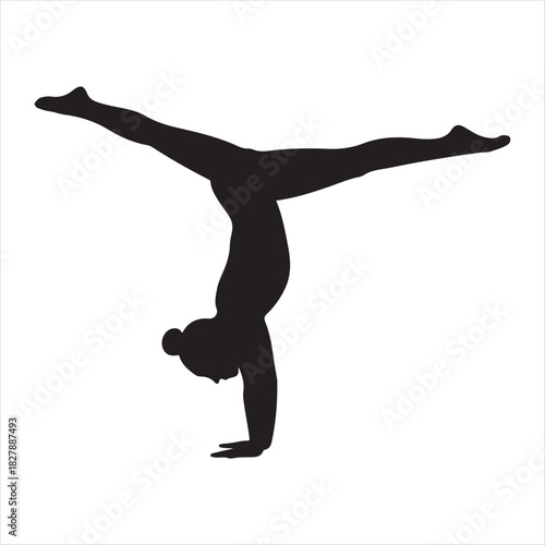 Silhouette of a woman performing a handstand split against a white background