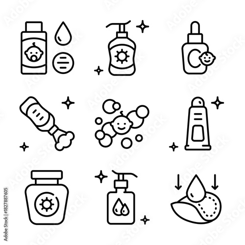 Baby cosmetics outline icons set. Cosmetic bottles and beauty products for skincare routine, moisturizing and cleansing. Vector symbols isolated on white background.