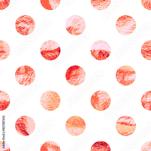 Rose gold foil seamless texture, shiny handmade circles. Golden glittering pattern. Shining hand drawn background. Wedding, greeting card decoration. Modern minimalist art. Vector illustration