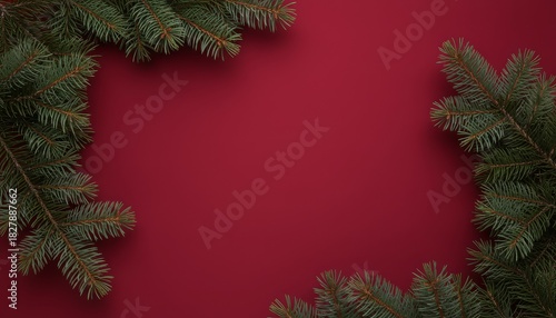 Christmas pine branch border on red background