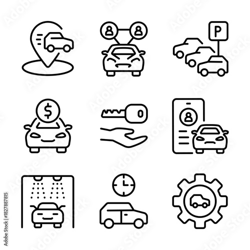 Car Sharing icons set includes driver, dealing, checking, license, app, sell route. Related car rent, repair, transport, and travel. Outline symbols vector collection