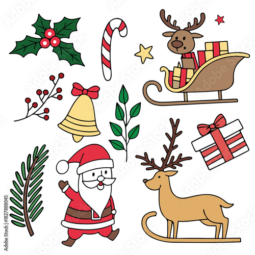Cute Christmas Elements Vector Set with Santa, Reindeer, Gifts and Holiday Icons