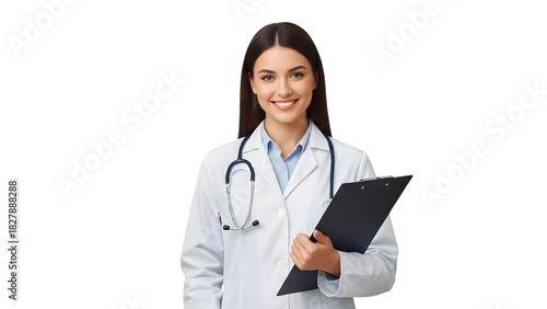 Friendly young female doctor holding a clipboard isolated on transparent background