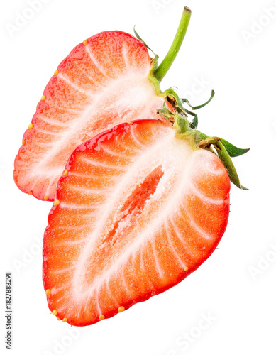 Strawberry on Transparent Background - Falling Strawberries Falling with Green Leaves for Product placement - Fresh Fruit and Clean - Vitamins and Red Berry - Natural Berries Raw healthy food