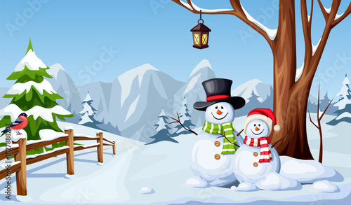 Winter landscape with snowmen. Christmas card design. Cartoon vector illustration