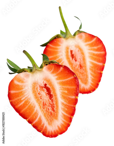 Strawberry on Transparent Background - Falling Strawberries Falling with Green Leaves for Product placement - Fresh Fruit and Clean - Vitamins and Red Berry - Natural Berries Raw healthy food