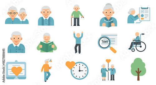 Set of color line icons representing senior citizen health, wellness, and retirement community life