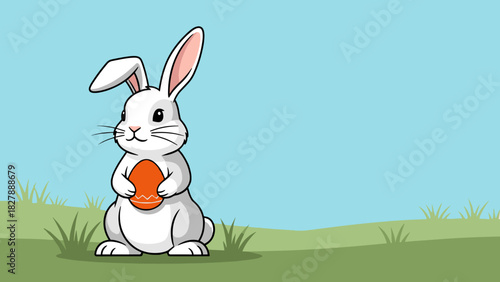 rabbit on a meadow holding an Easter egg against a sky background with copy space