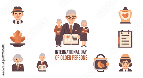 Set of color line icons representing senior citizen health, wellness, and retirement community life