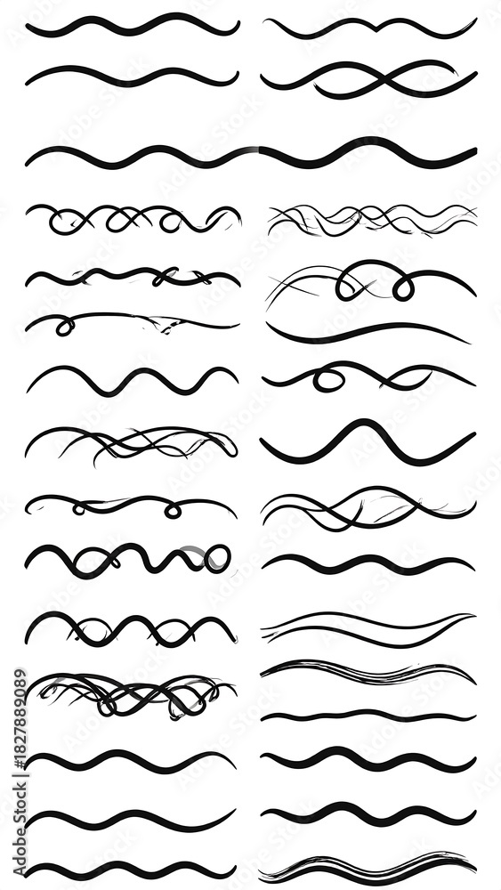 Obraz premium A collection of diverse, hand-drawn, black curved lines and swirls arranged in rows for decorative use